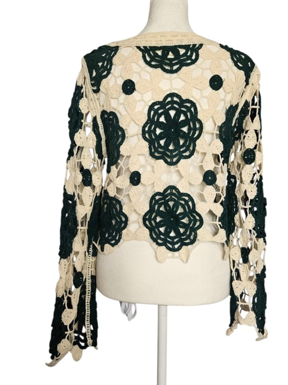Rebellion Again Women's M Crochet Top Floral Cropped Open Knit Cream Boho Hippie - Picture 2 of 9